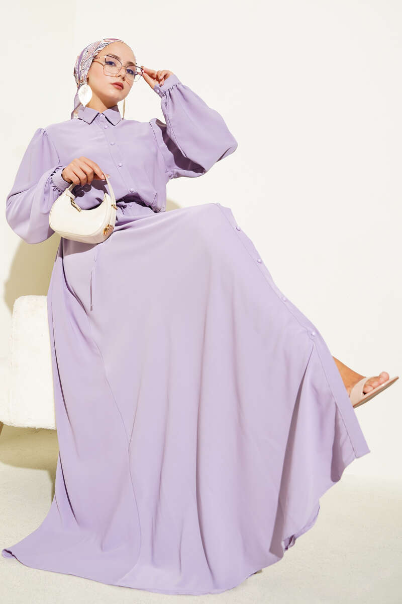 Button-Through Dress with Tie Belt - Lilac