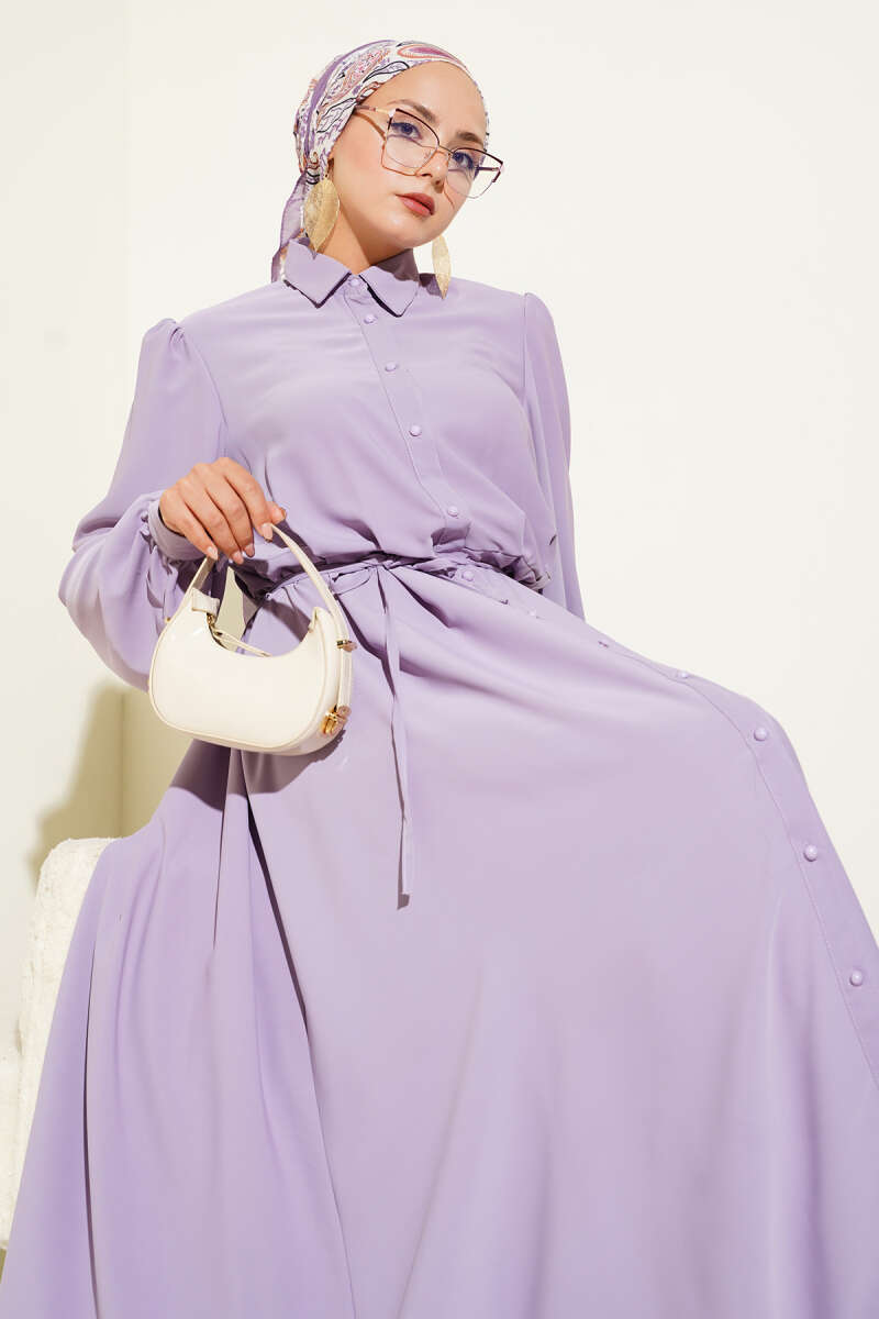 Button-Through Dress with Tie Belt - Lilac
