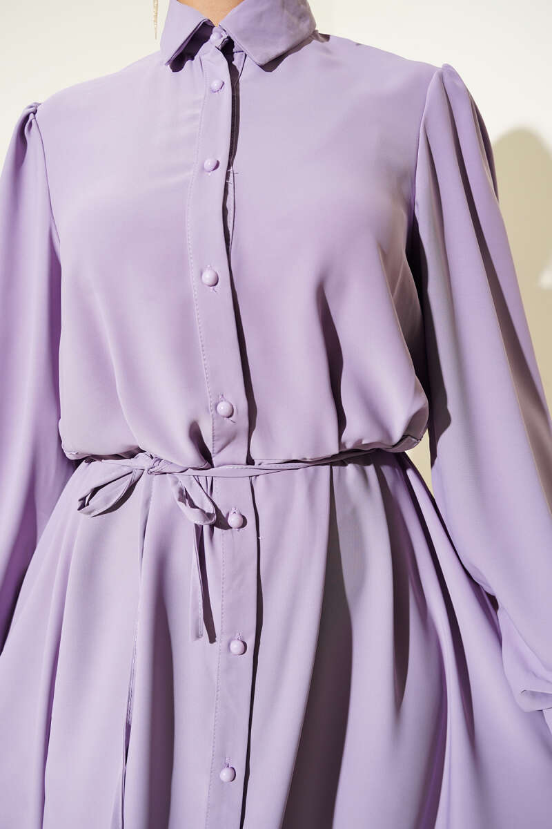 Button-Through Dress with Tie Belt - Lilac