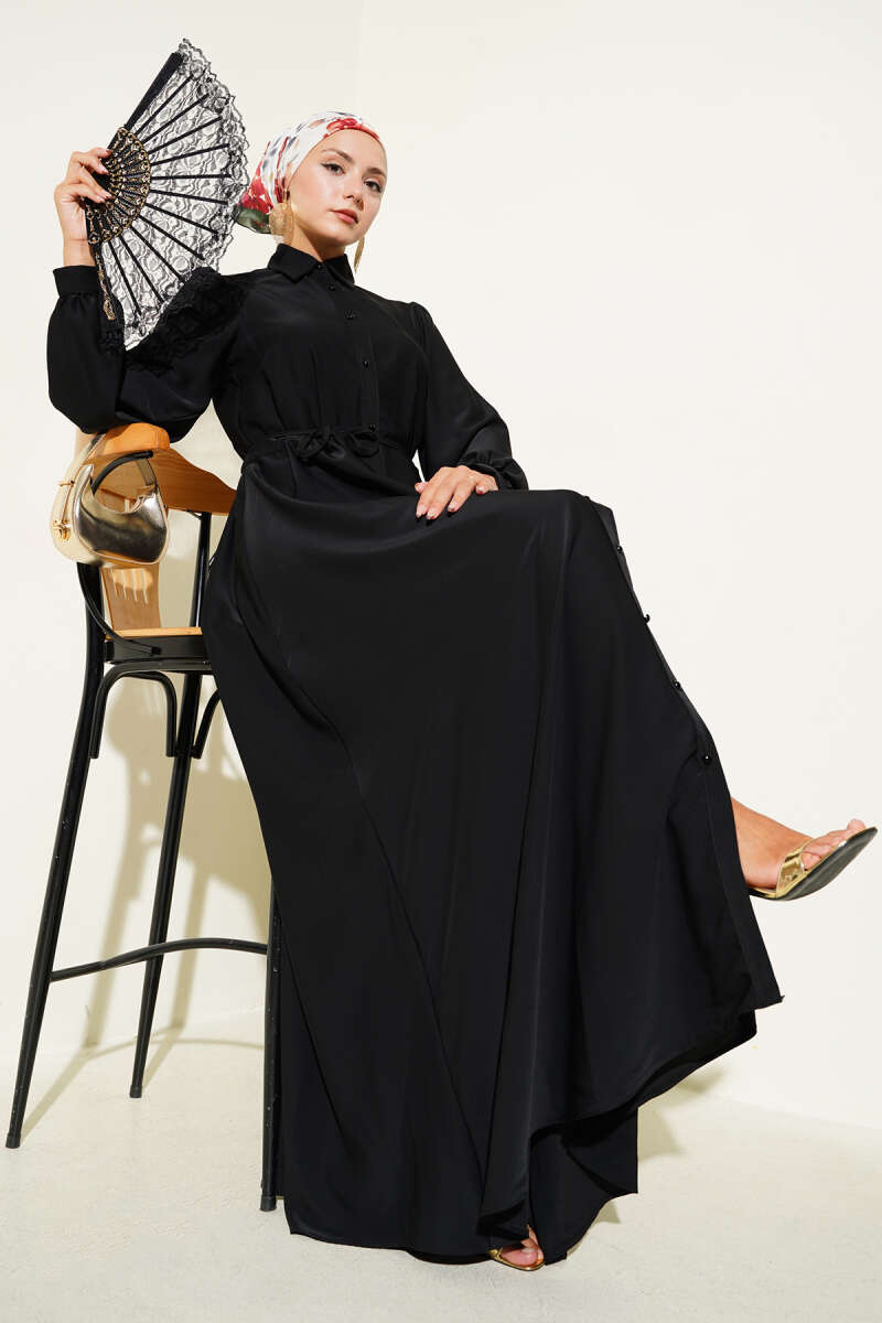 Button-Through Dress with Tie Belt - Black
