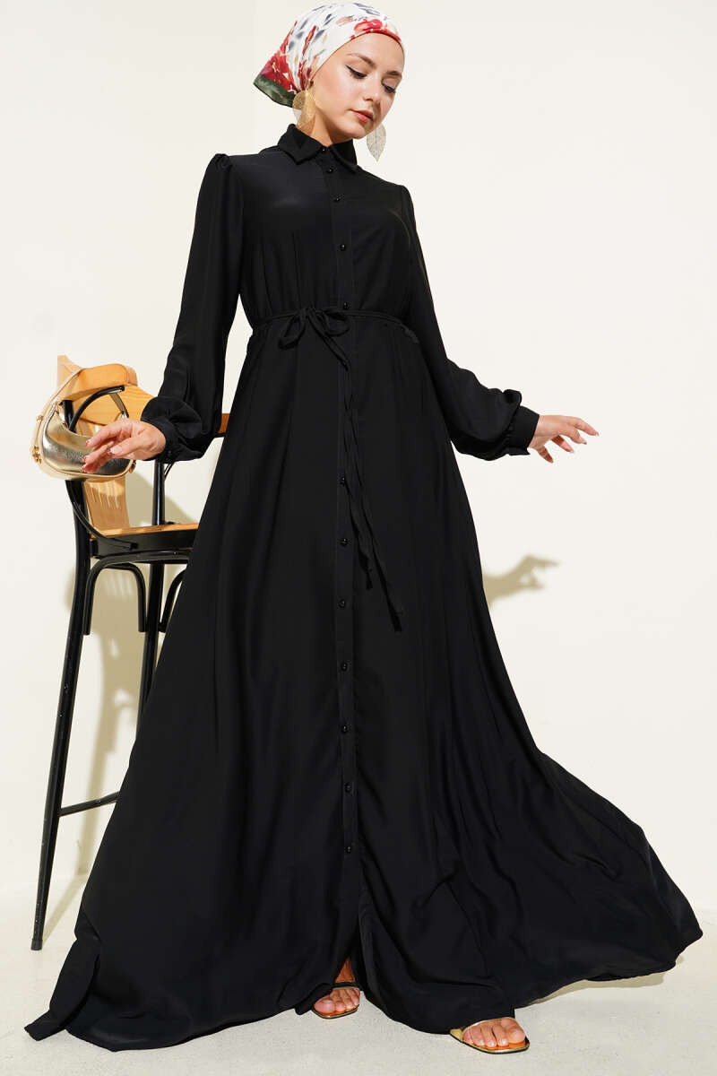 Button-Through Dress with Tie Belt - Black