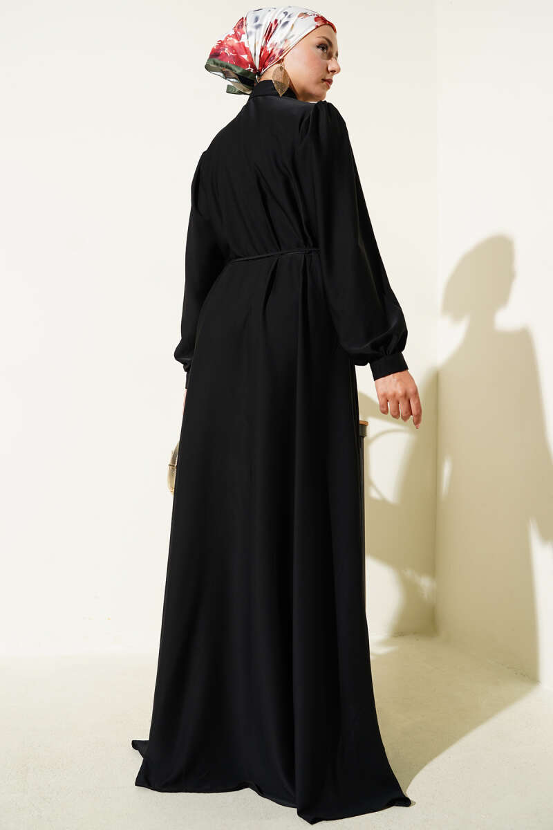 Button-Through Dress with Tie Belt - Black