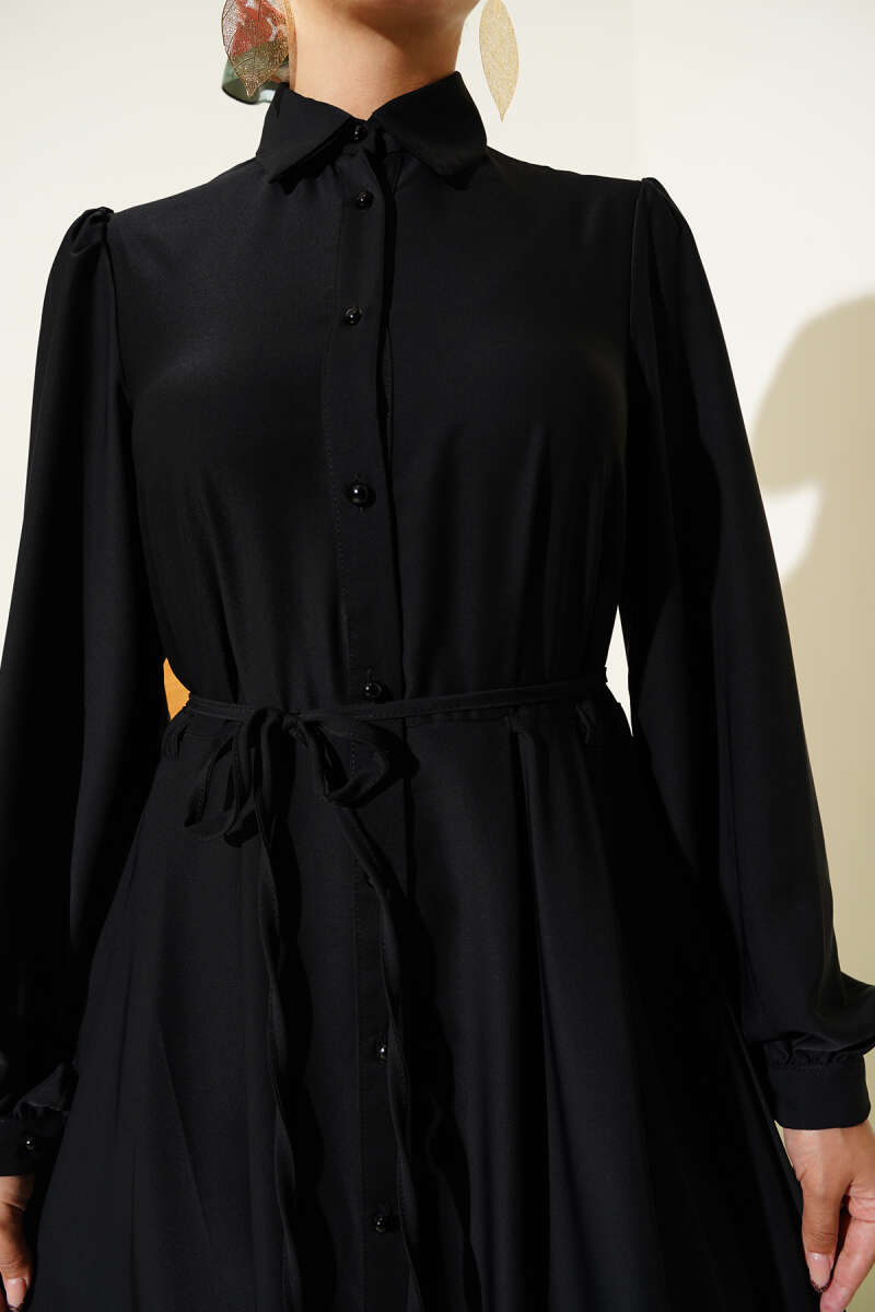 Button-Through Dress with Tie Belt - Black