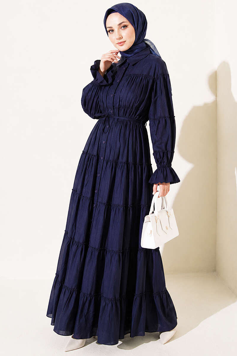 Button-Through Tiered Gathered Dress - Navy