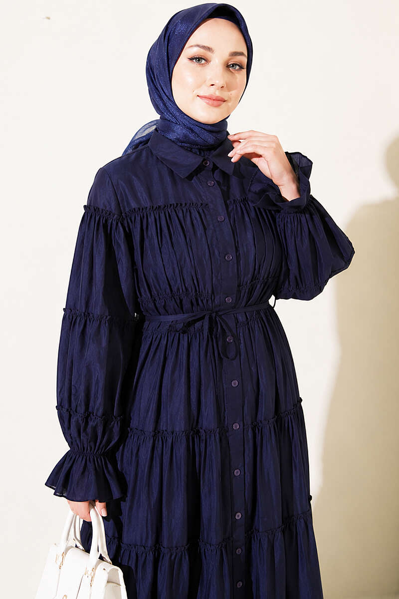Button-Through Tiered Gathered Dress - Navy