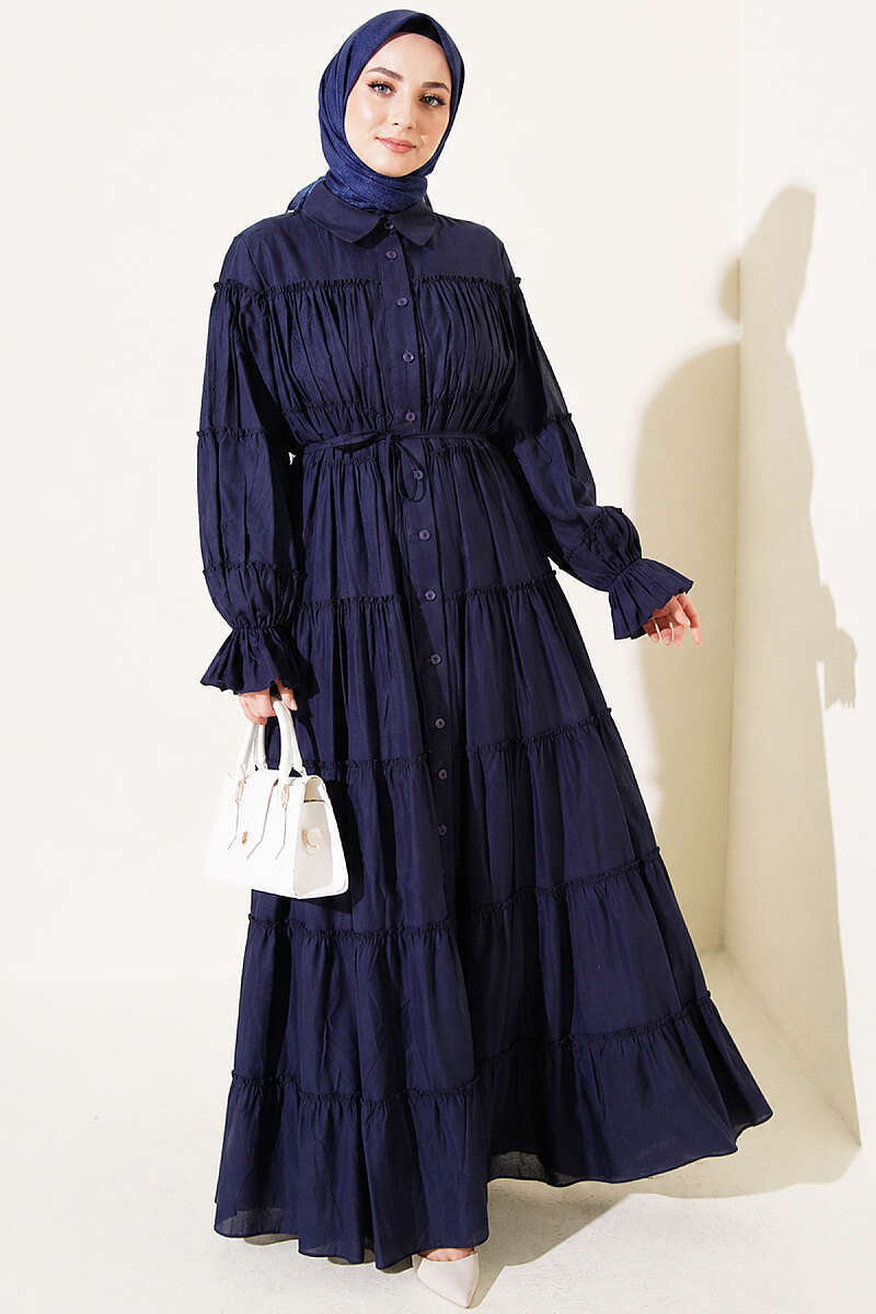 Button-Through Tiered Gathered Dress - Navy