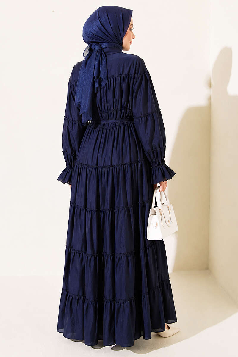 Button-Through Tiered Gathered Dress - Navy