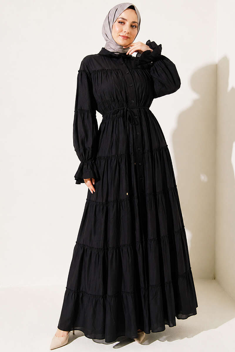 Button-Through Tiered Gathered Dress - Black