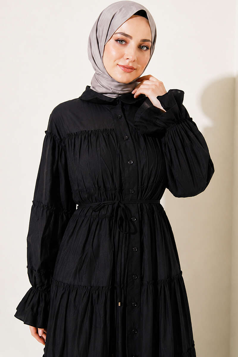 Button-Through Tiered Gathered Dress - Black