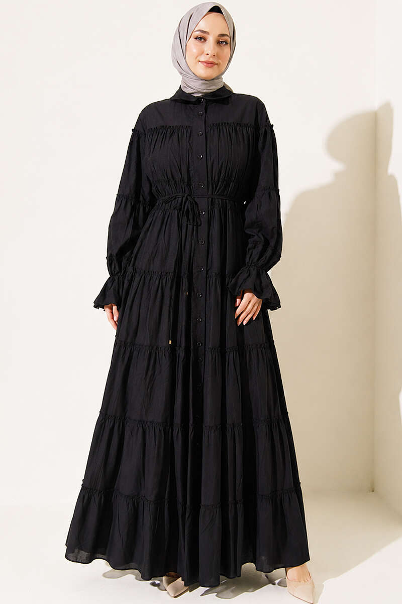 Button-Through Tiered Gathered Dress - Black
