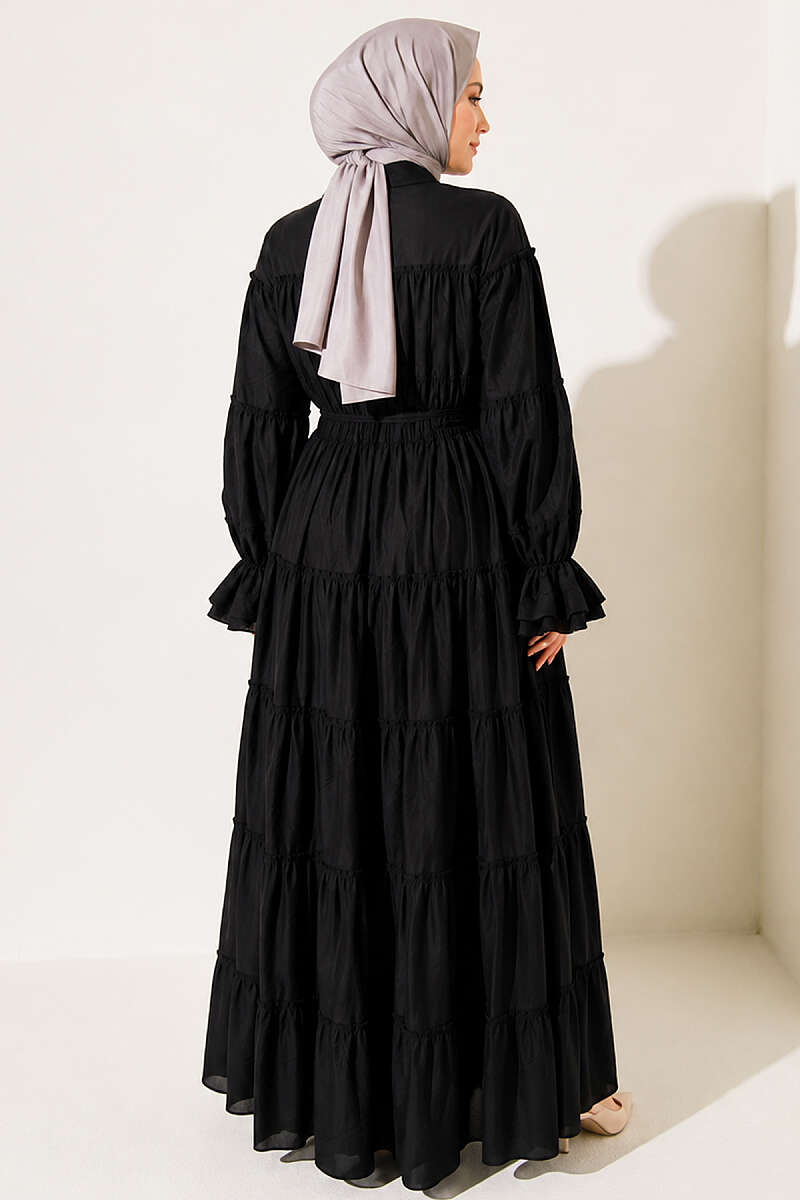 Button-Through Tiered Gathered Dress - Black