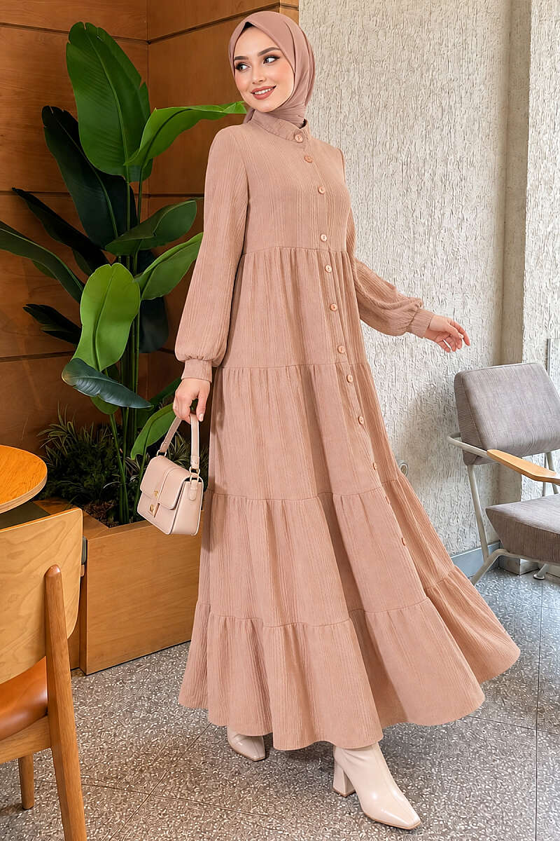 Button-Through Tiered Knit Dress - Latte
