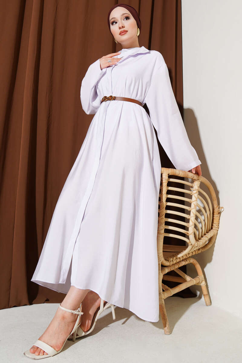 Basic Belted Button-Through Dress - Light Lilac