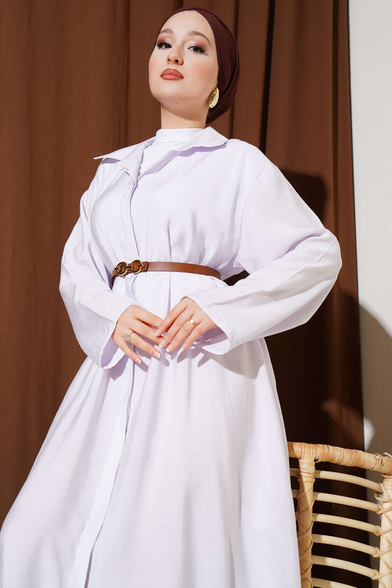 Basic Belted Button-Through Dress - Light Lilac