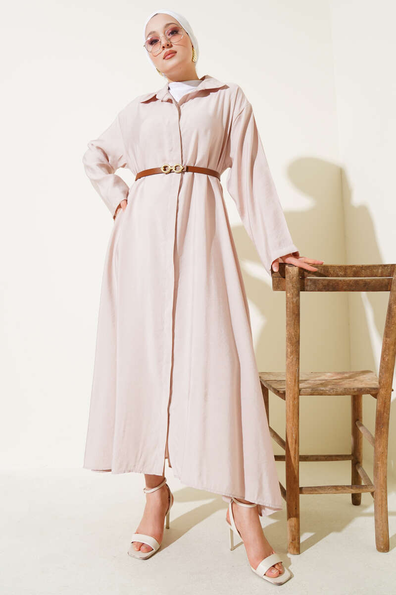 Basic Belted Button-Through Dress - Beige