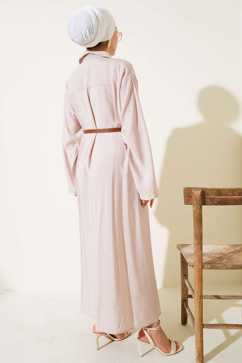Basic Belted Button-Through Dress - Beige