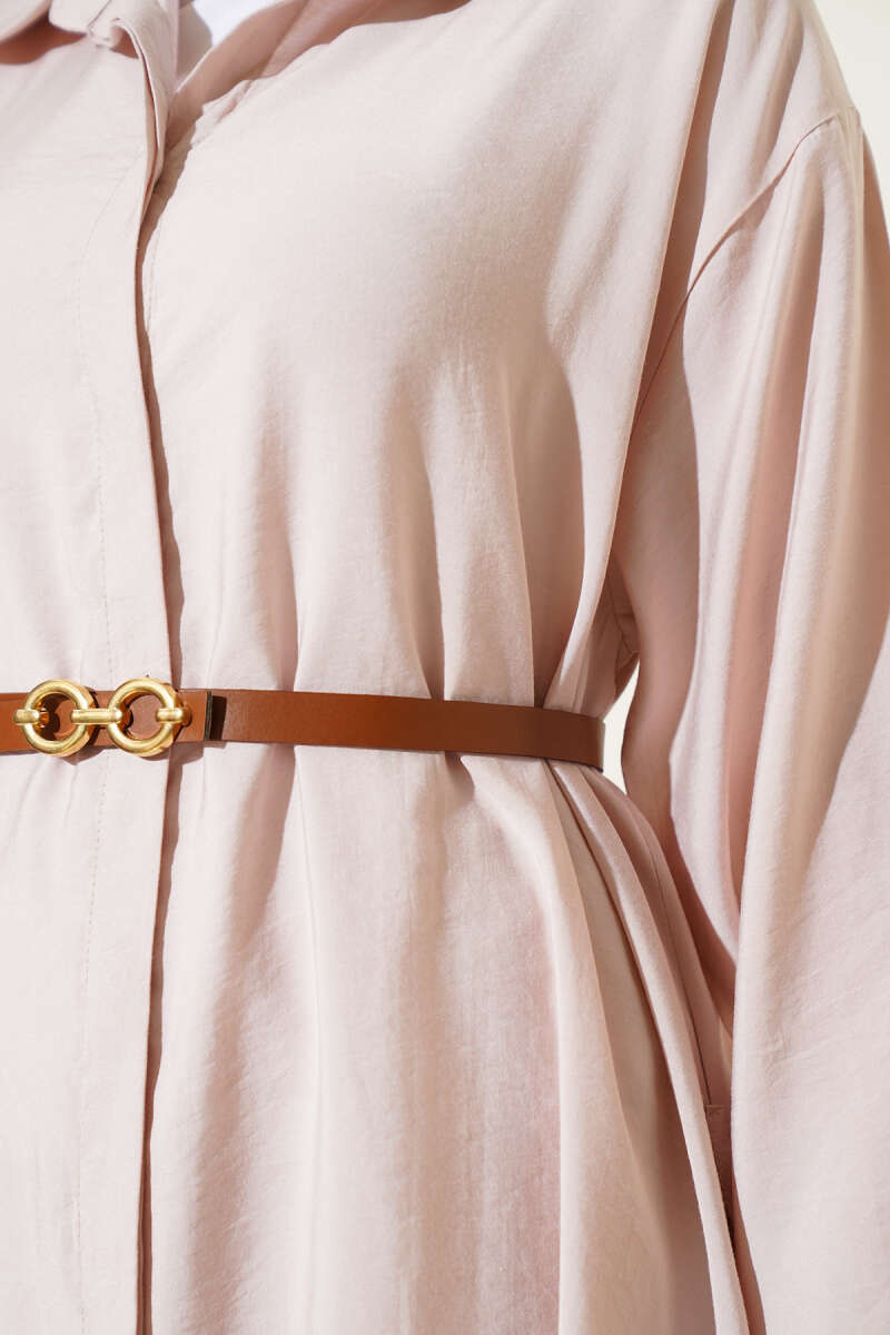 Basic Belted Button-Through Dress - Beige