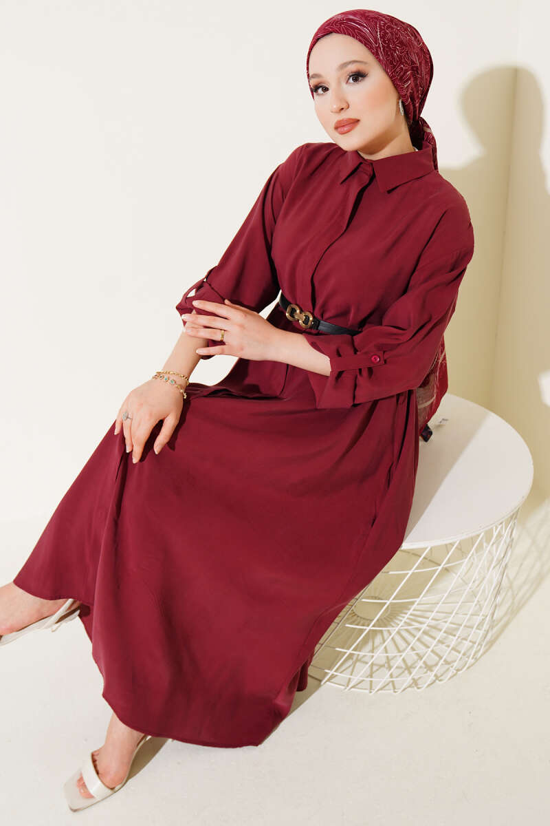 Basic Belted Button-Through Dress - Burgundy