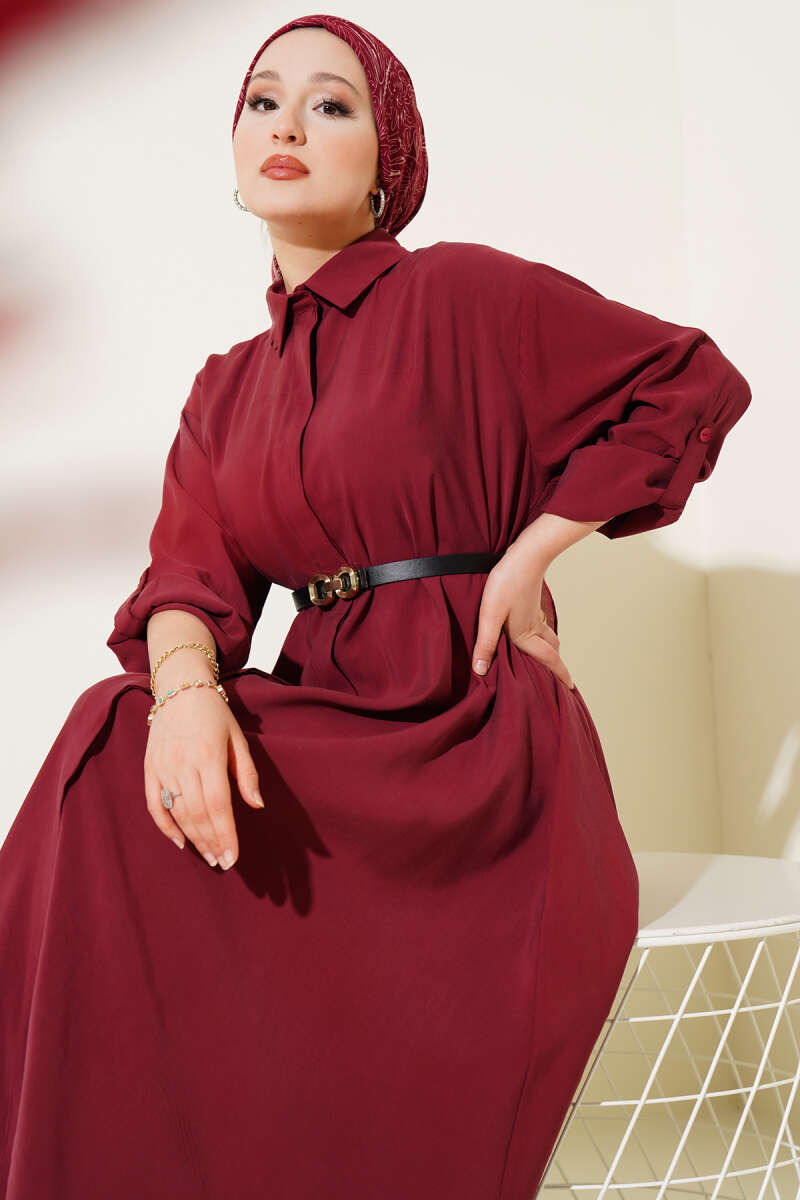 Basic Belted Button-Through Dress - Burgundy