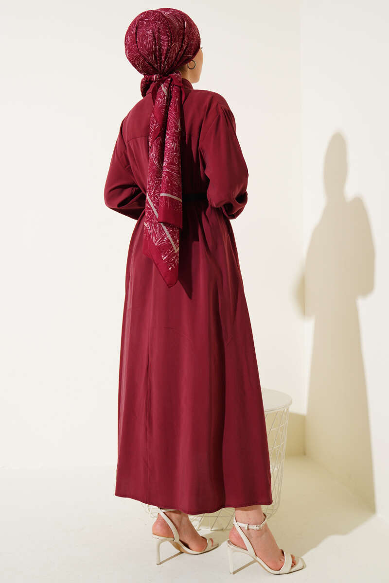 Basic Belted Button-Through Dress - Burgundy