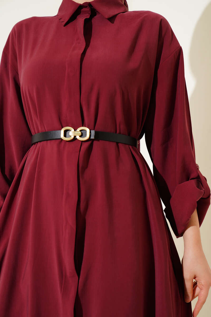 Basic Belted Button-Through Dress - Burgundy
