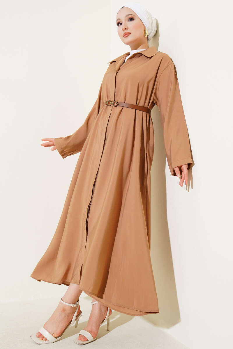 Basic Belted Button-Through Dress - Camel