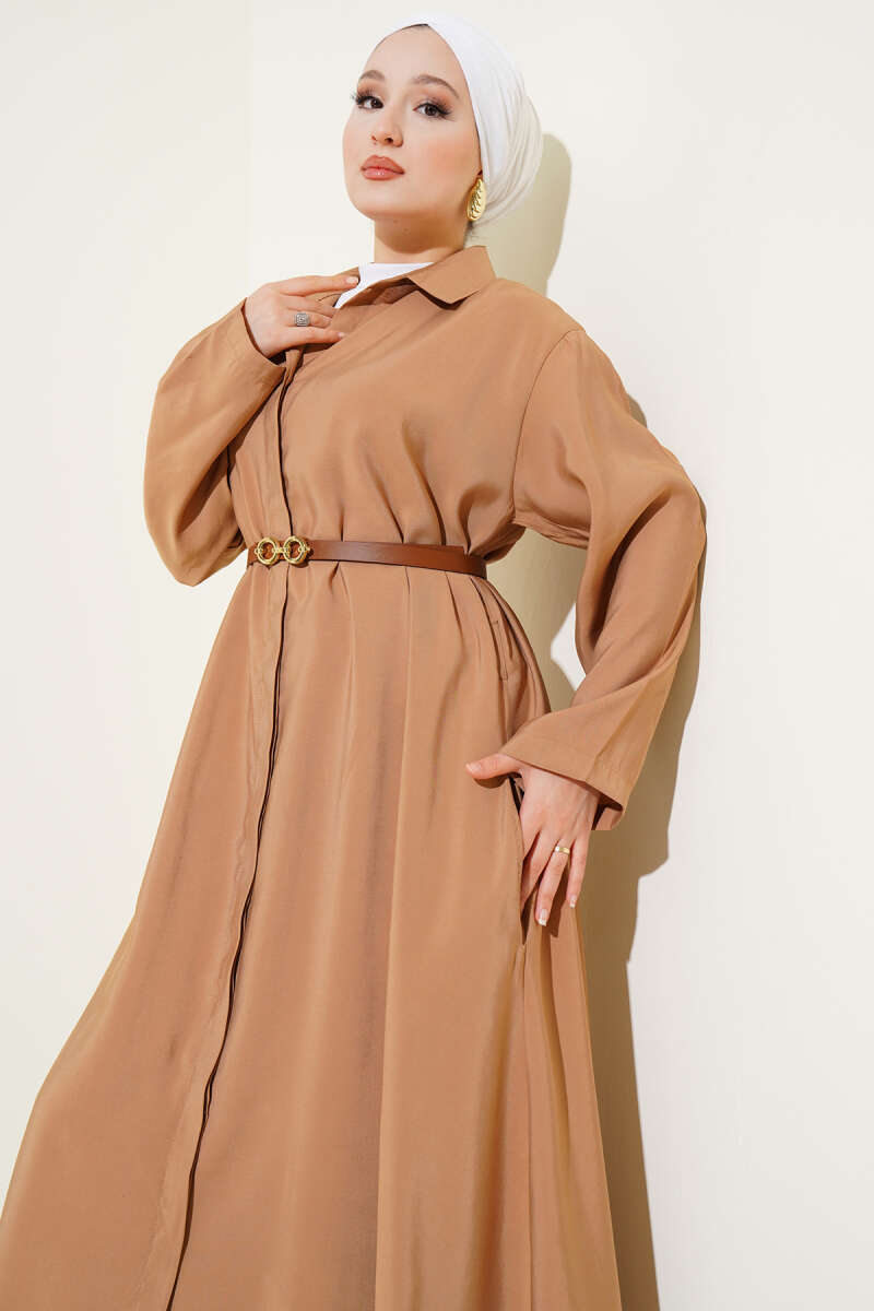 Basic Belted Button-Through Dress - Camel