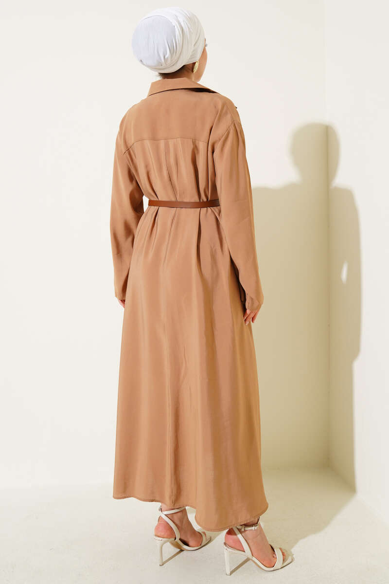Basic Belted Button-Through Dress - Camel