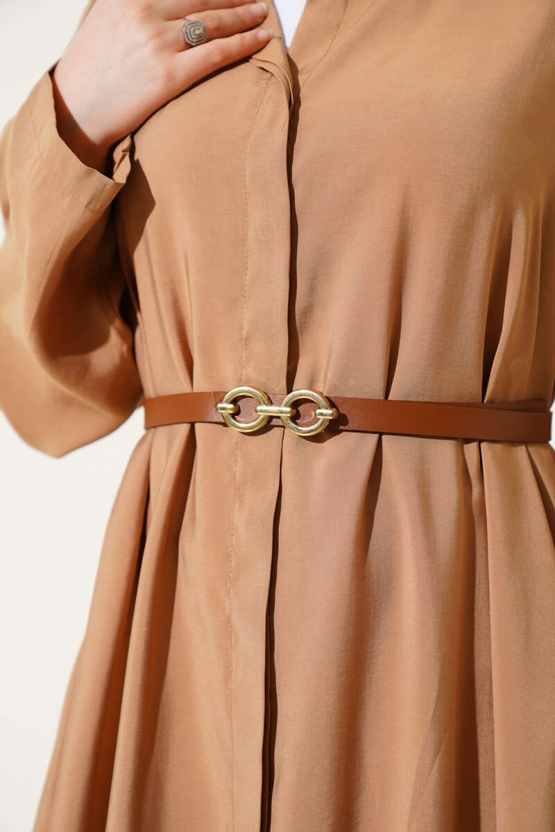 Basic Belted Button-Through Dress - Camel