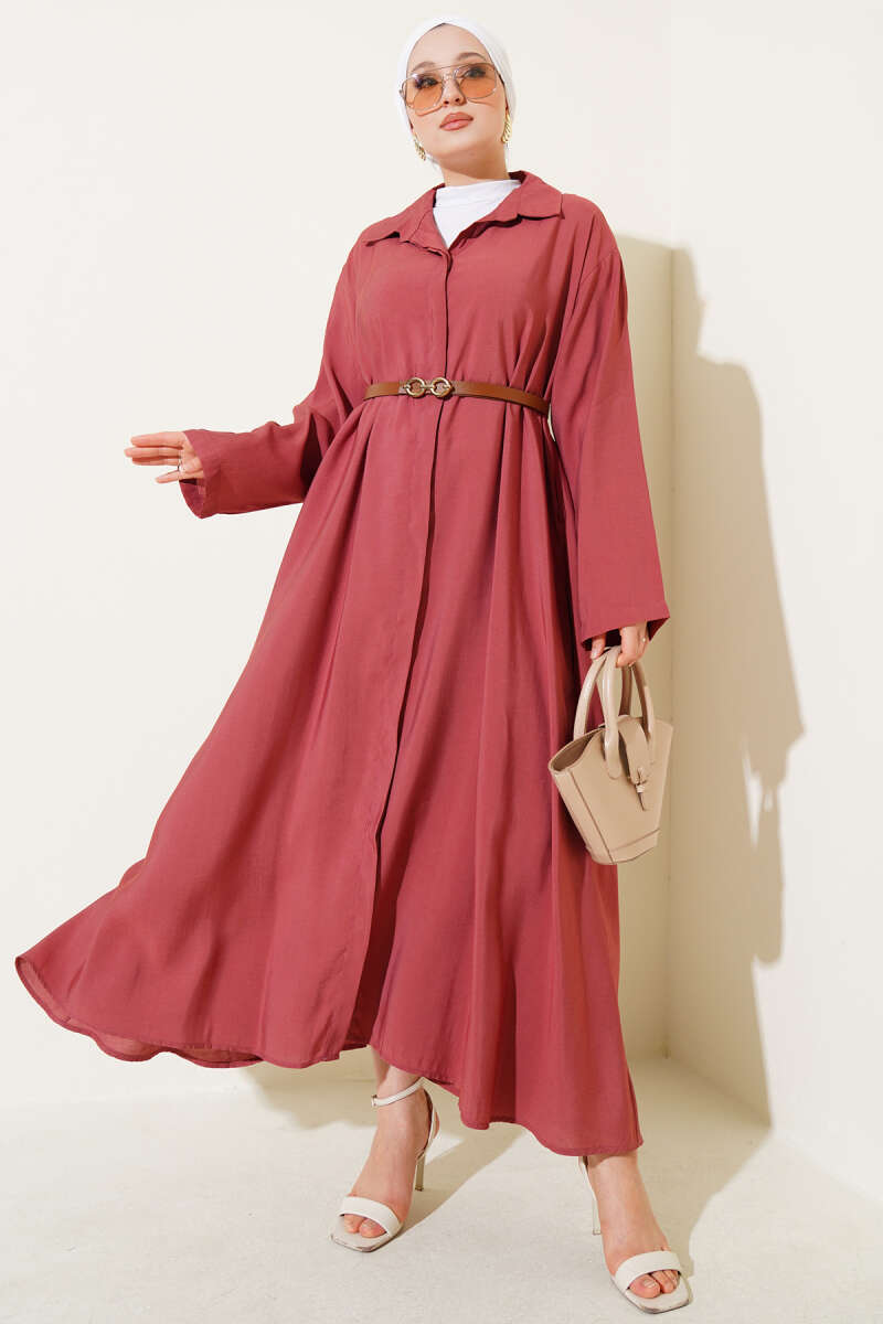 Basic Belted Button-Through Dress - Dusty Rose