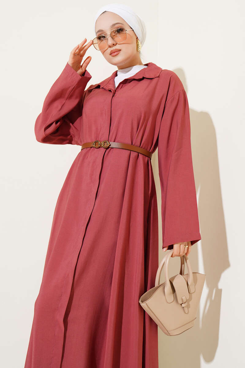 Basic Belted Button-Through Dress - Dusty Rose