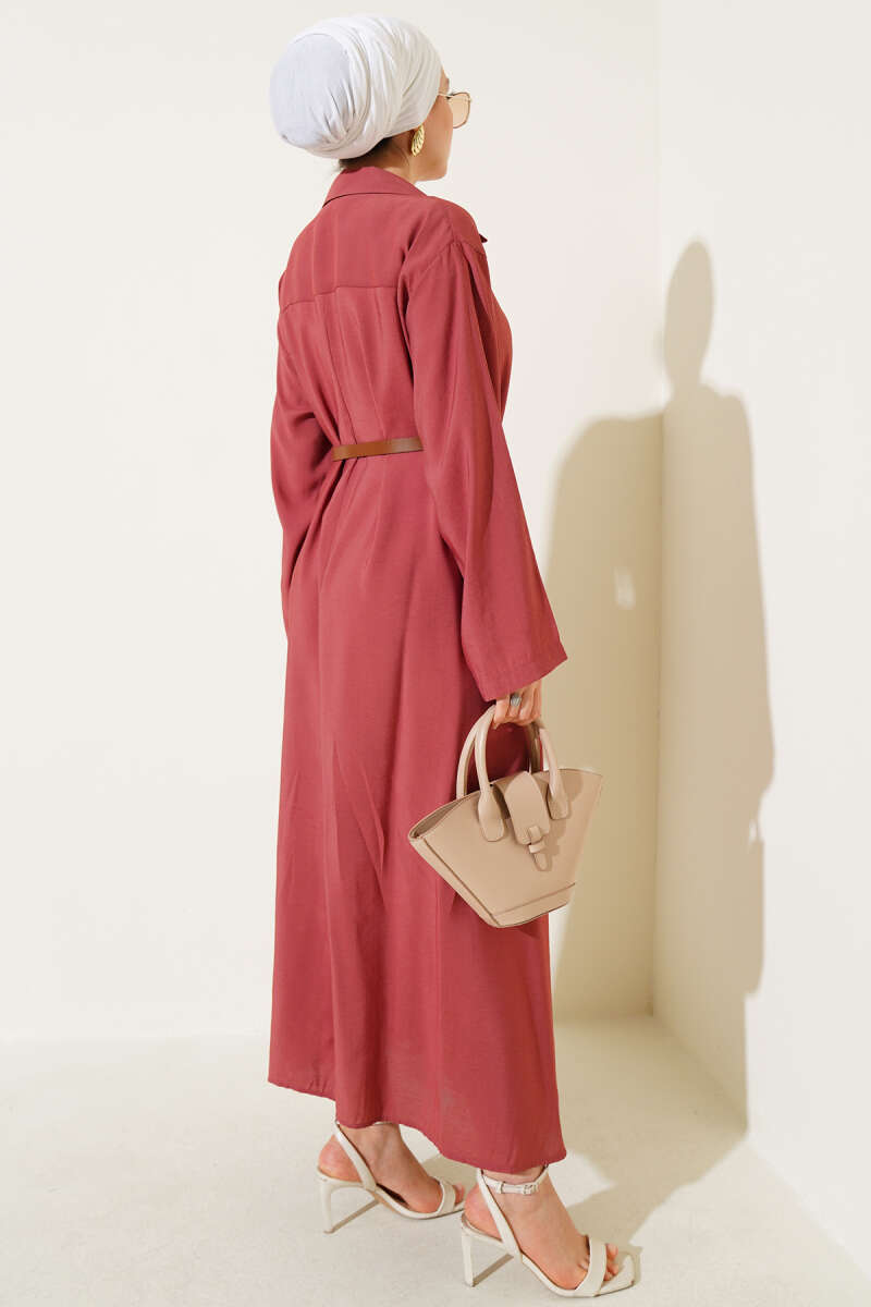 Basic Belted Button-Through Dress - Dusty Rose