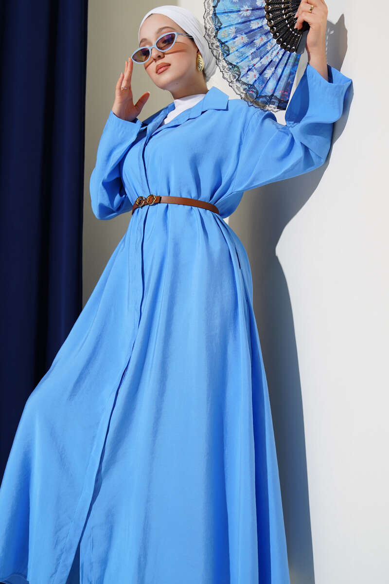 Basic Belted Button-Through Dress - Blue