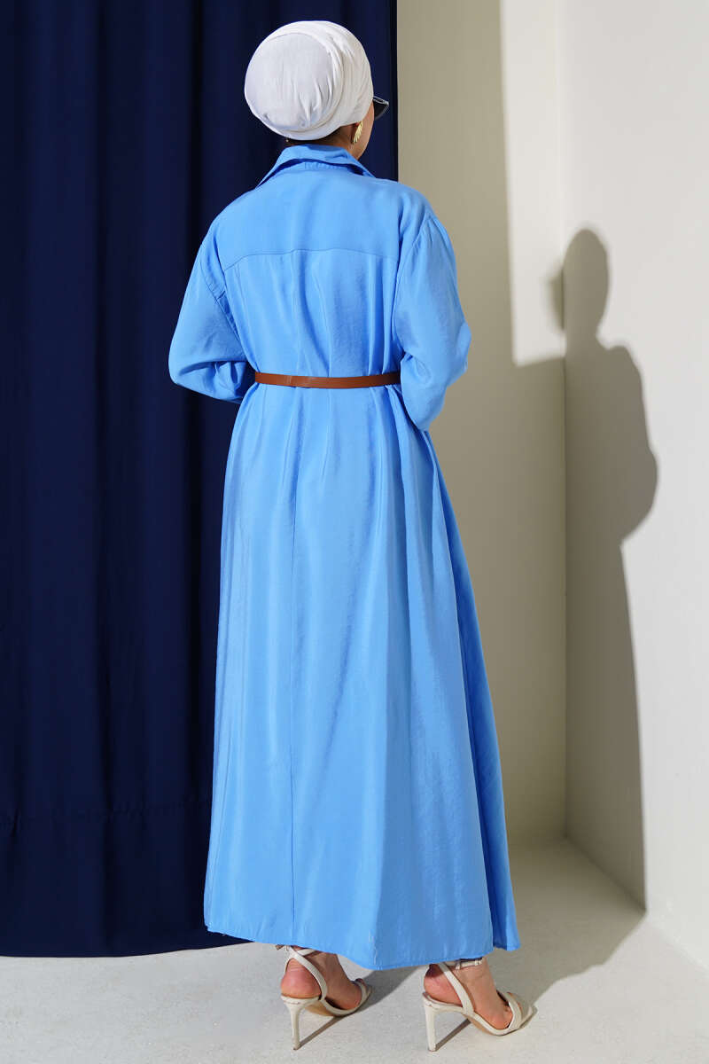 Basic Belted Button-Through Dress - Blue