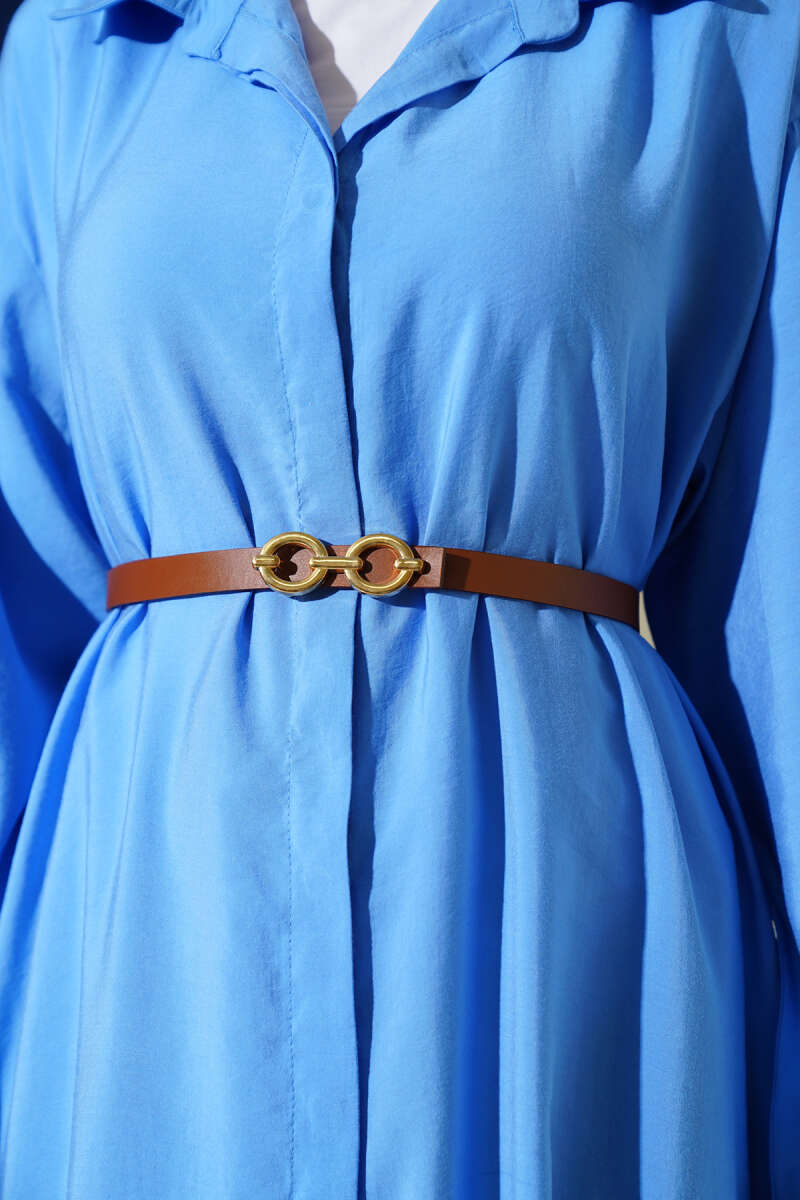 Basic Belted Button-Through Dress - Blue