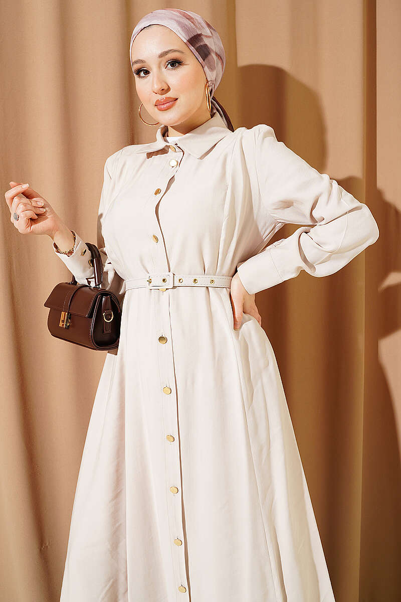 Belted Button-Through Tencel Dress with Buckle - Beige