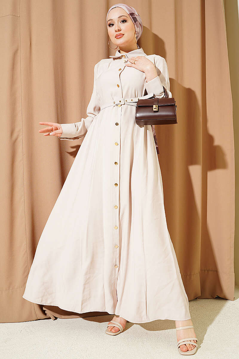 Belted Button-Through Tencel Dress with Buckle - Beige