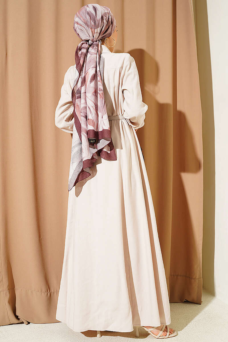 Belted Button-Through Tencel Dress with Buckle - Beige