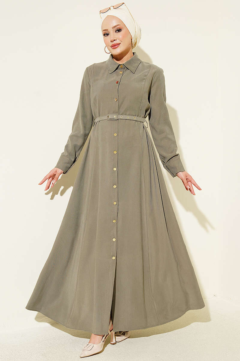 Belted Button-Through Tencel Dress with Buckle - Khaki
