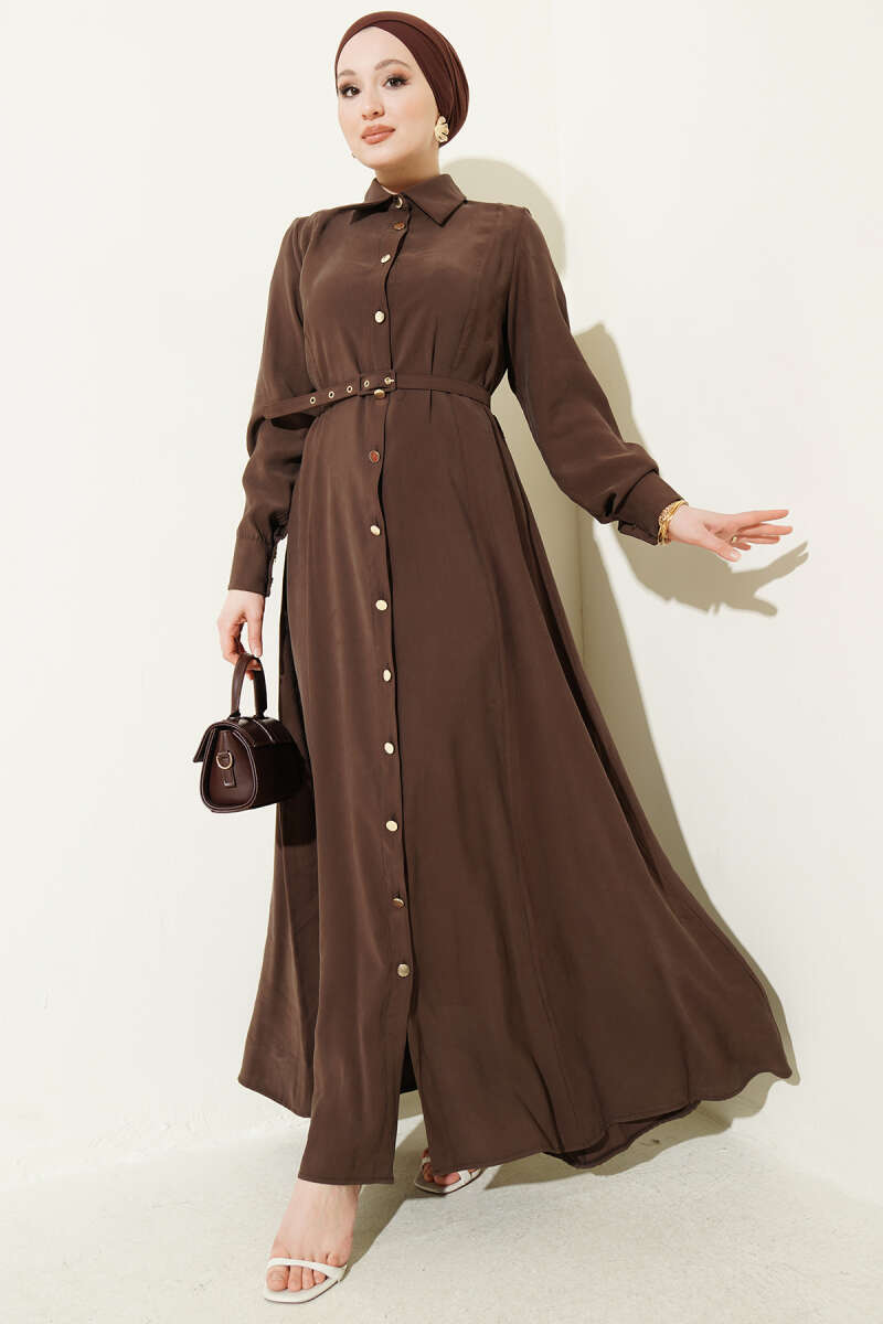 Belted Button-Through Tencel Dress with Buckle - Brown