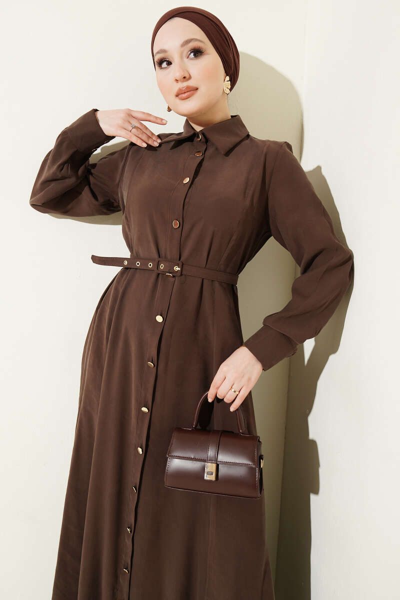 Belted Button-Through Tencel Dress with Buckle - Brown