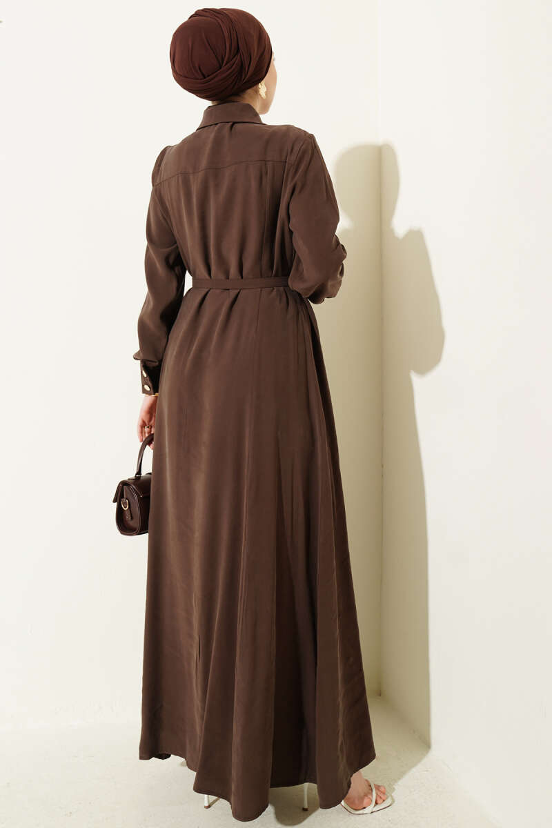 Belted Button-Through Tencel Dress with Buckle - Brown