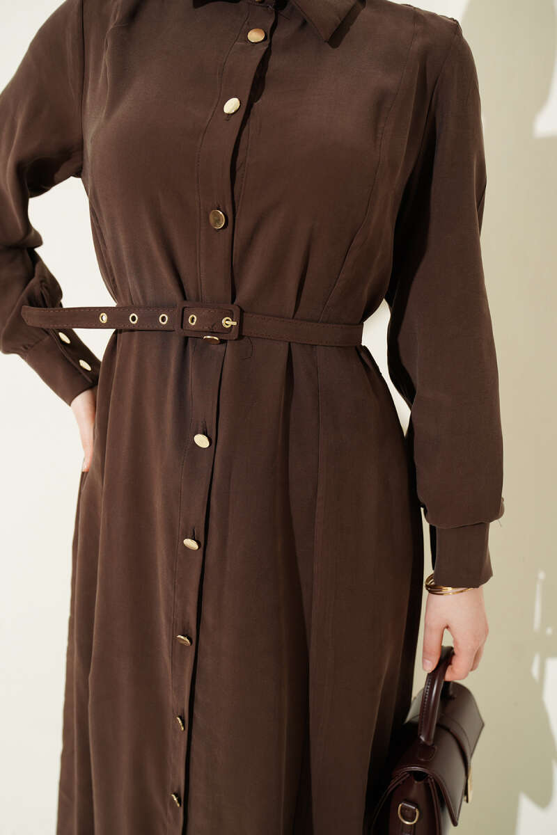 Belted Button-Through Tencel Dress with Buckle - Brown