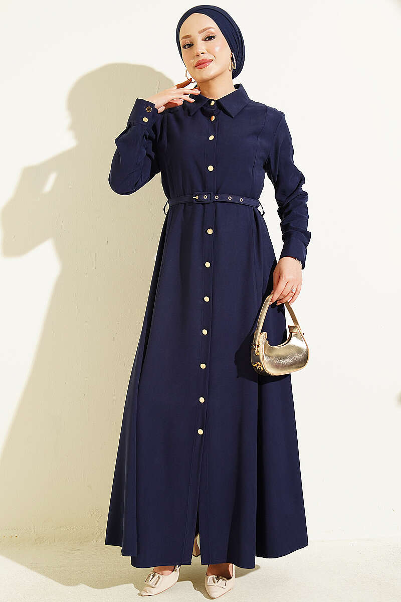 Belted Button-Through Tencel Dress with Buckle - Navy