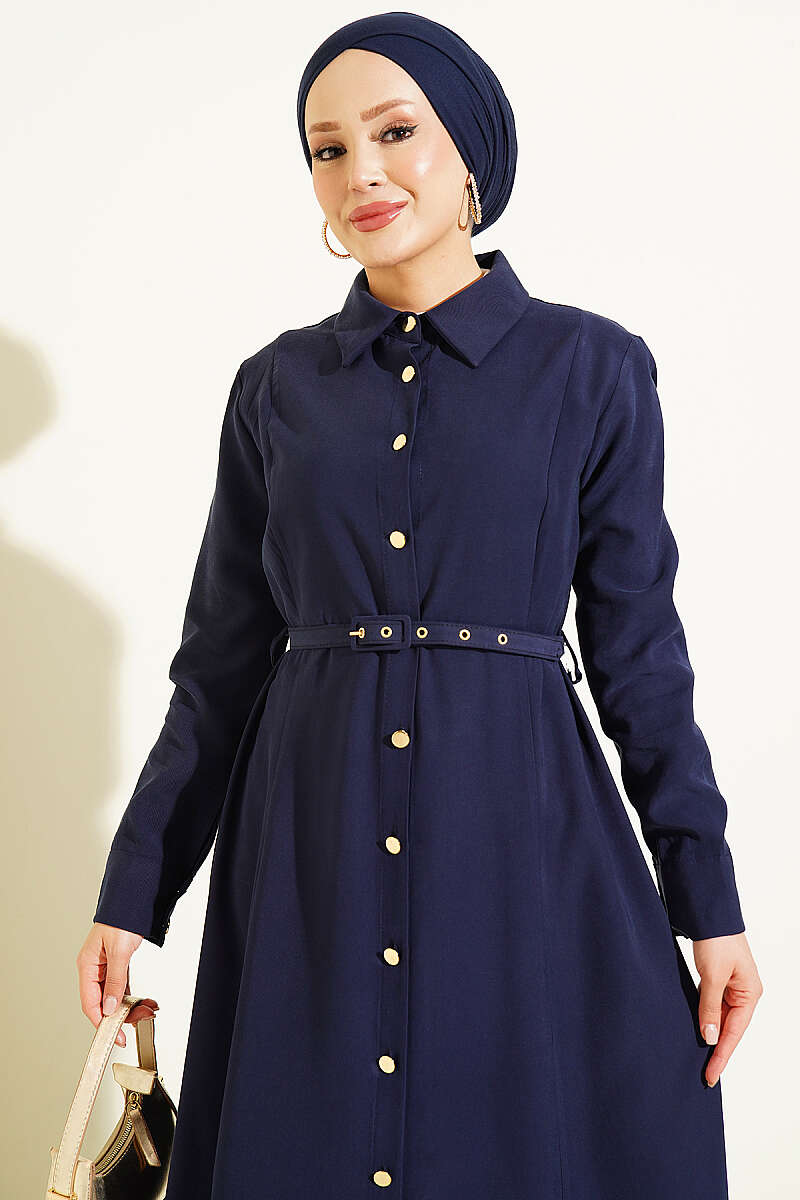 Belted Button-Through Tencel Dress with Buckle - Navy