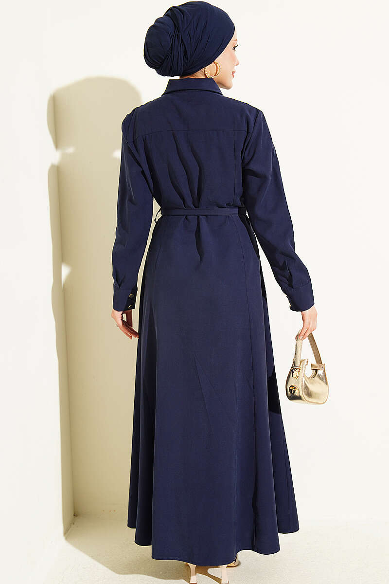 Belted Button-Through Tencel Dress with Buckle - Navy
