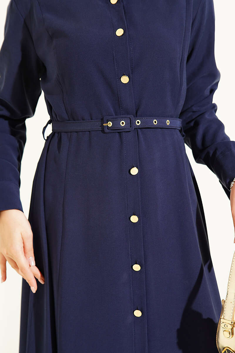 Belted Button-Through Tencel Dress with Buckle - Navy