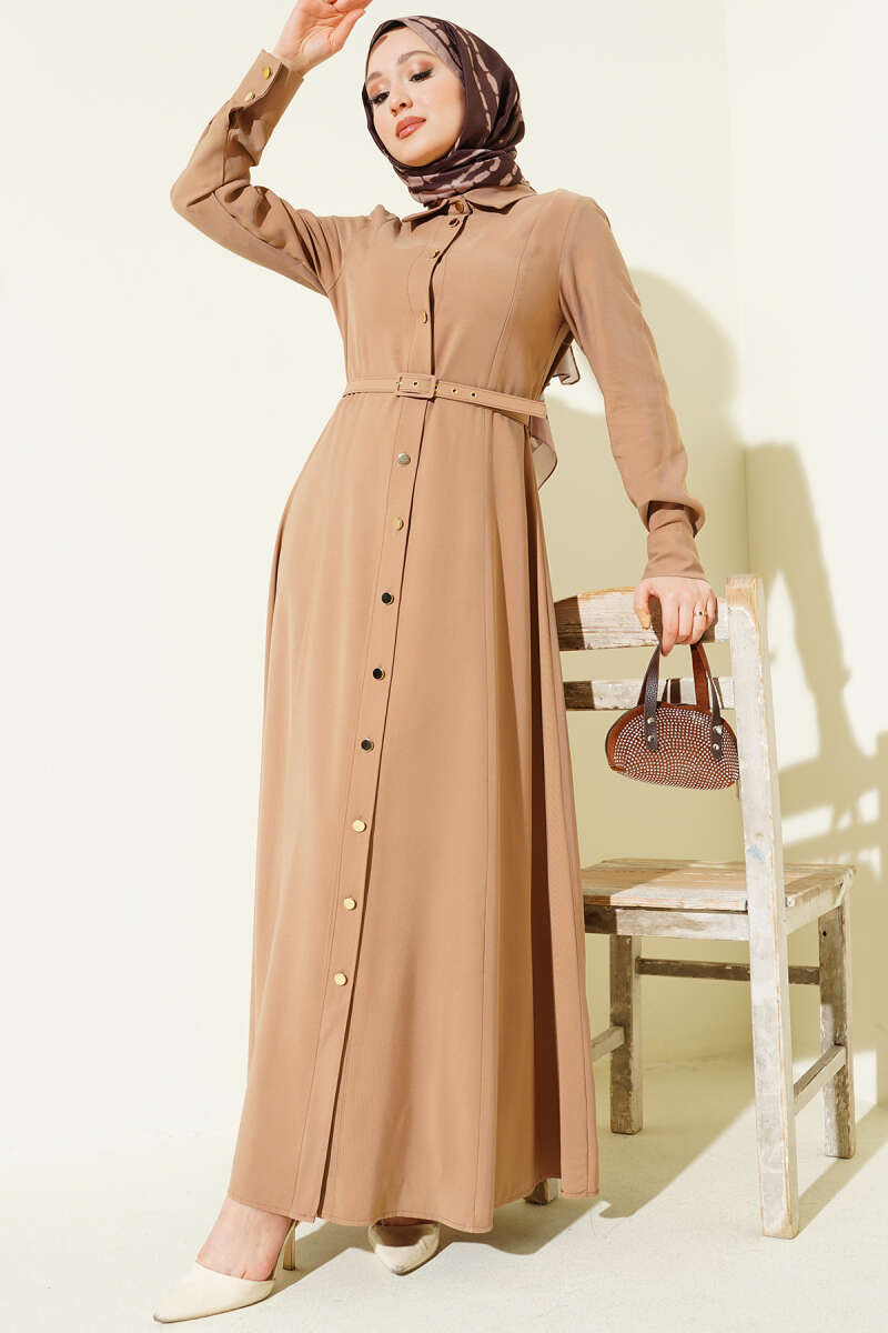 Belted Button-Through Tencel Dress with Buckle - Latte