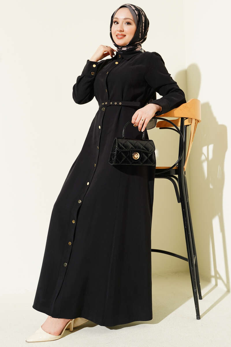 Belted Button-Through Tencel Dress with Buckle - Black