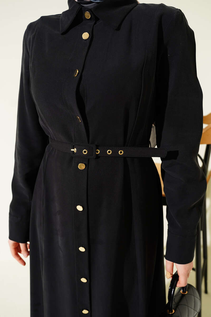 Belted Button-Through Tencel Dress with Buckle - Black